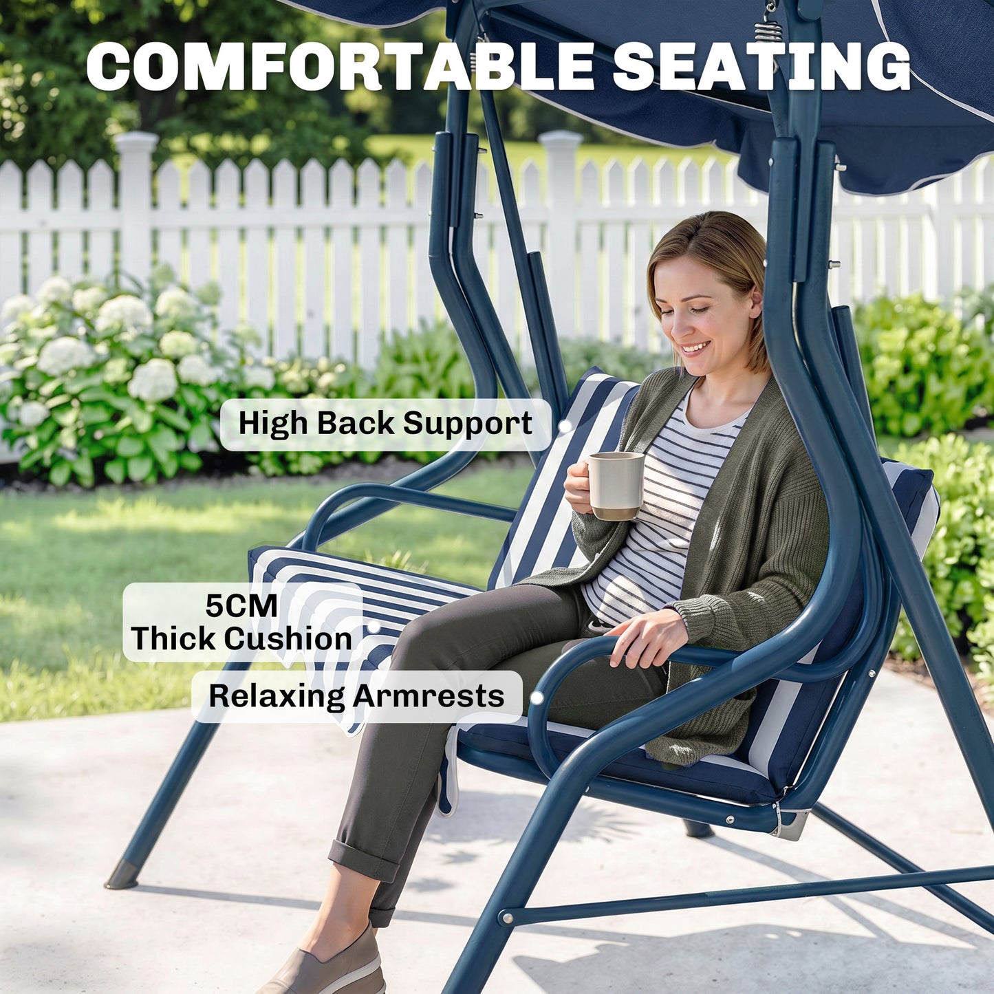3 Seater Garden Swing Seat Chair Outdoor Bench with Adjustable Canopy and Metal Frame, Blue Stripes