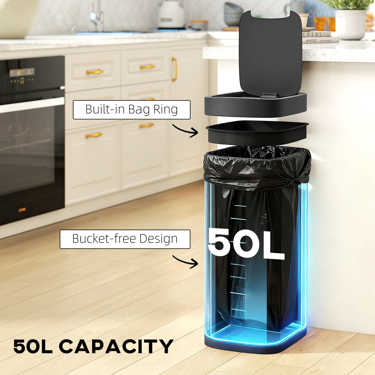 50L Sensor Bin, Automatic Kitchen Bin, Manual Override, Battery Operated, Inner-Bucket-Free, for Kitchen, Bedroom