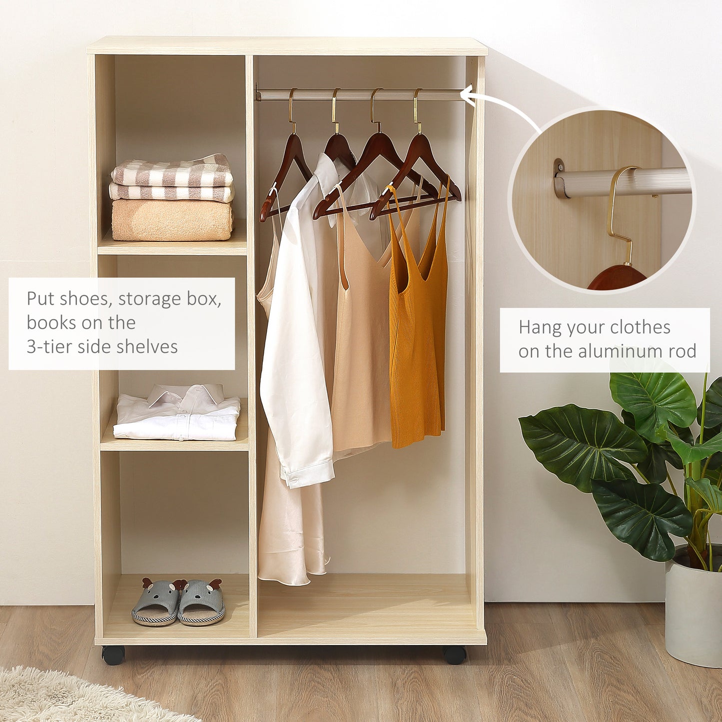 Open Wardrobe on Wheels, Bedroom Wardrobe with Clothes Hanging Rail, 3 Storage Shelves, Mobile Garment Rack for Cloakroom