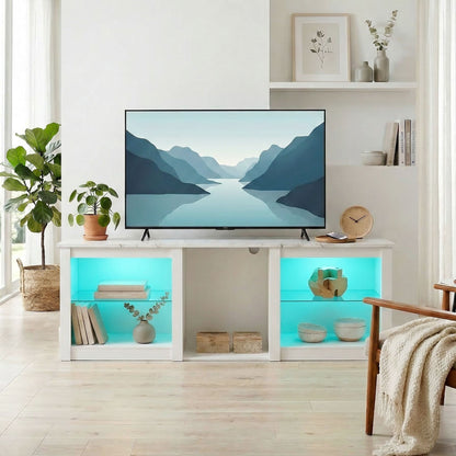70in TV Stand, with LED Lights and Storage - White