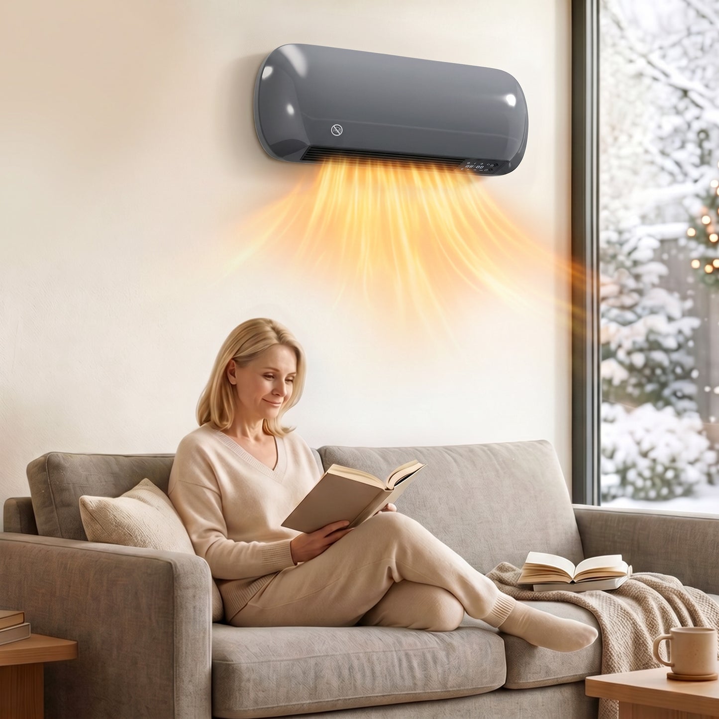 2000W Ceramic Electric Heater with Fan, Adjustable Thermostat, Wall Mounted - Grey