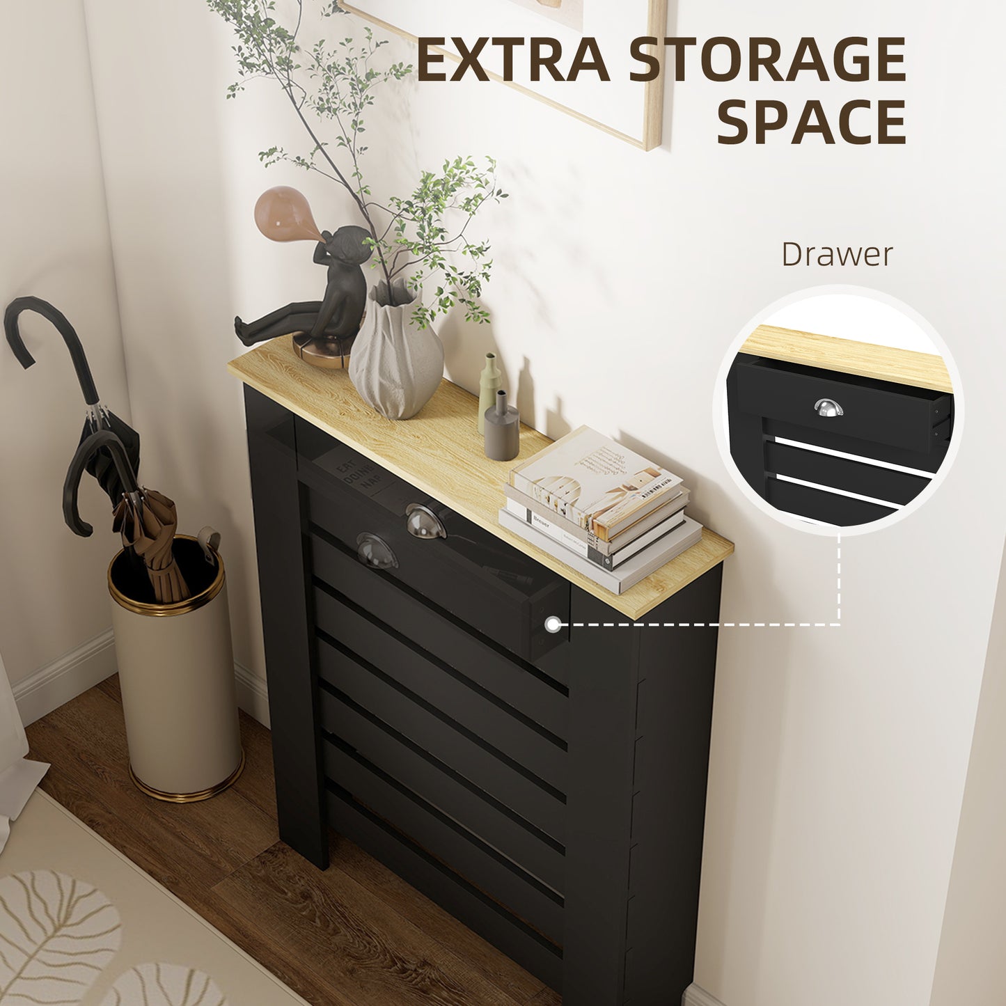 95.5H x 78Wcm Radiator Cover, with Drawer - Black
