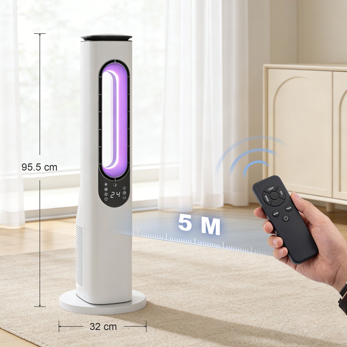 Bladeless Tower Fan for Bedroom, 35dB Standing Cooling Fan with Oscillating, LED Lights, 3 Speeds, 15H Timer, White