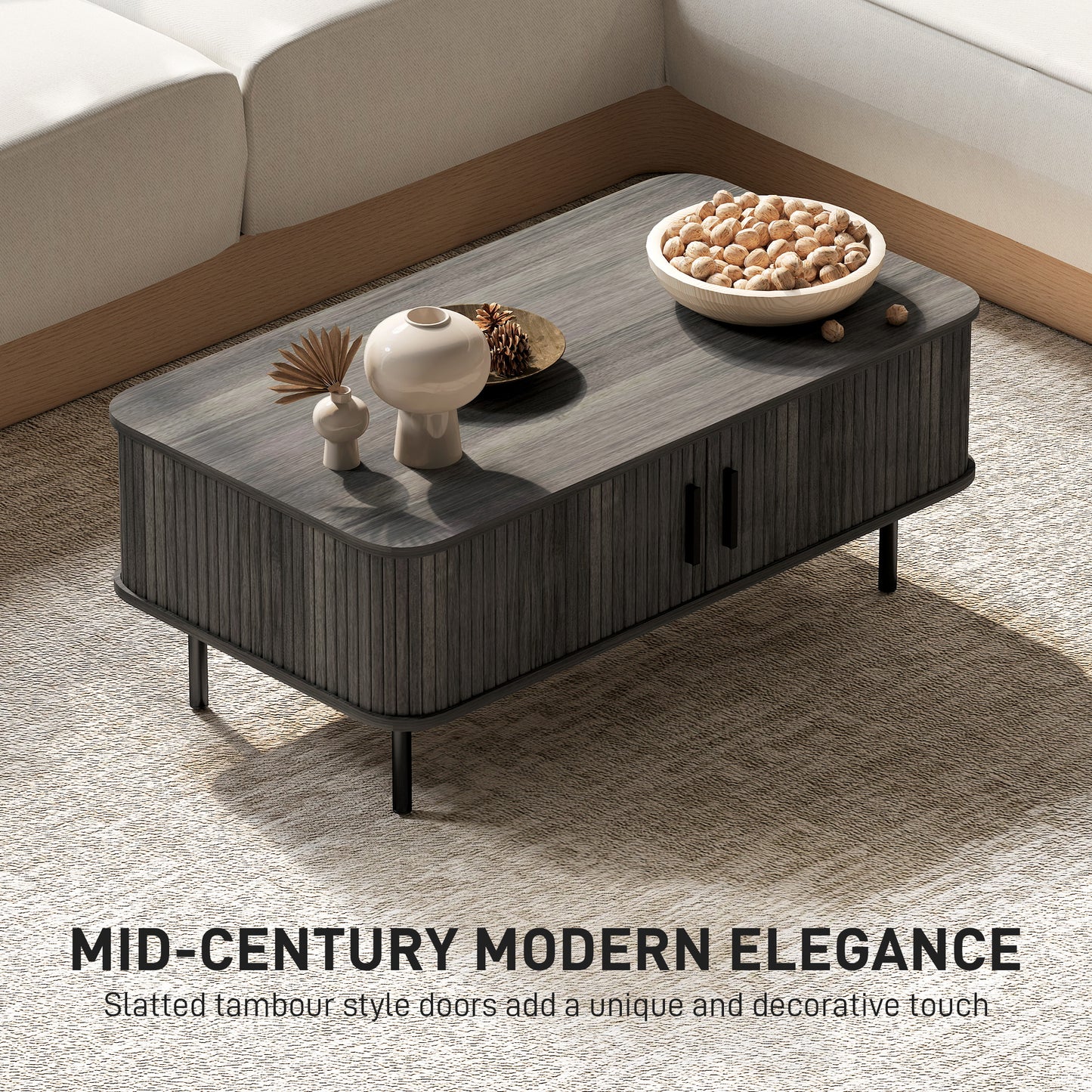 Coffee Table with Storage, Living Room Table with Slatted Tambour Sliding Doors and Adjustable Foot Pads
