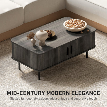 Coffee Table with Storage, Living Room Table with Slatted Tambour Sliding Doors and Adjustable Foot Pads