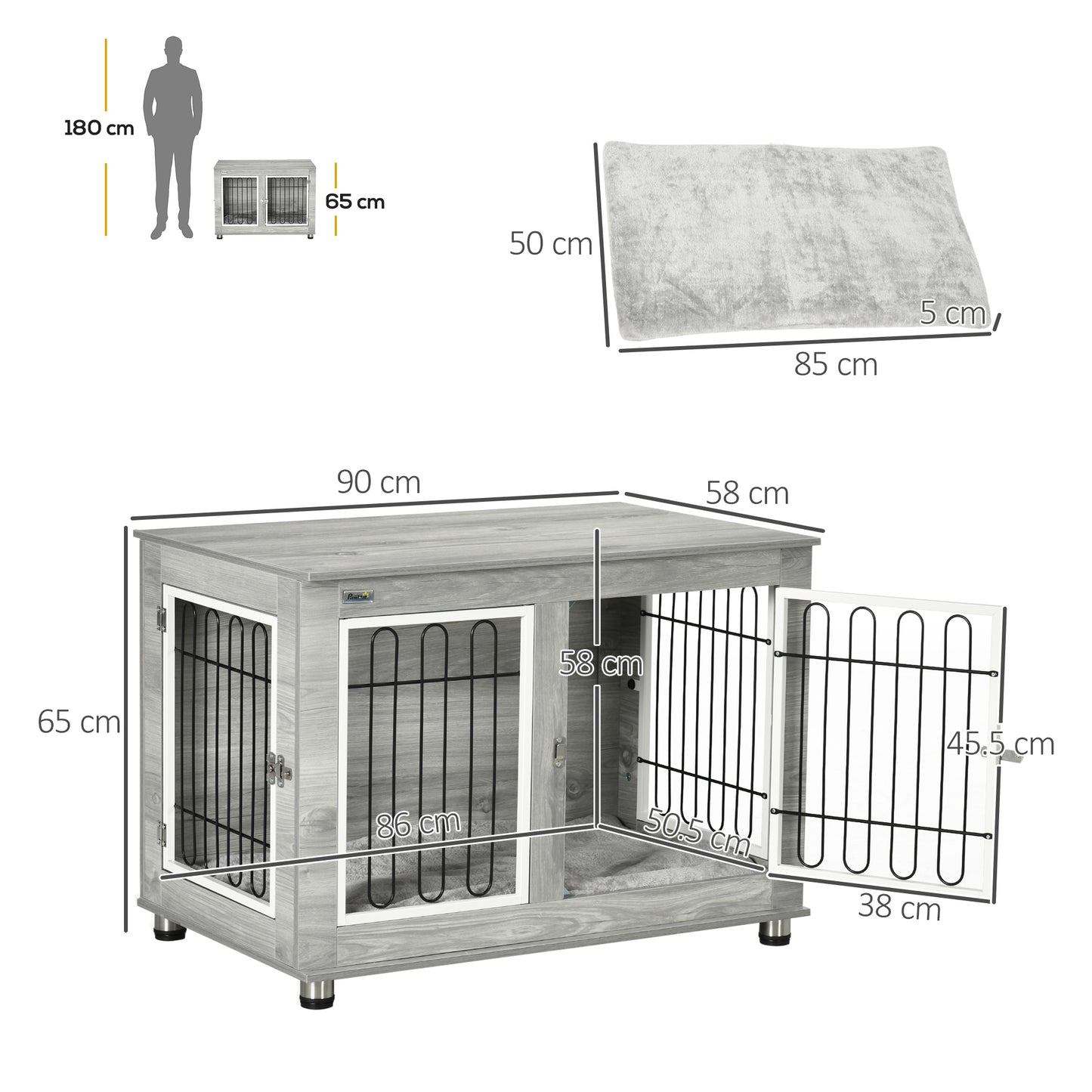 Dog Crate Furniture, Dog Cage End Table. with Soft Cushion, Double Door, for Medium/Large Dogs, Grey