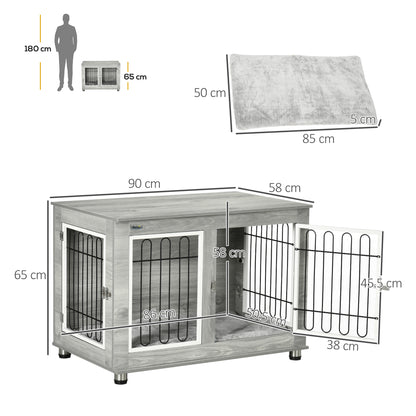 Dog Crate Furniture, Dog Cage End Table. with Soft Cushion, Double Door, for Medium/Large Dogs, Grey