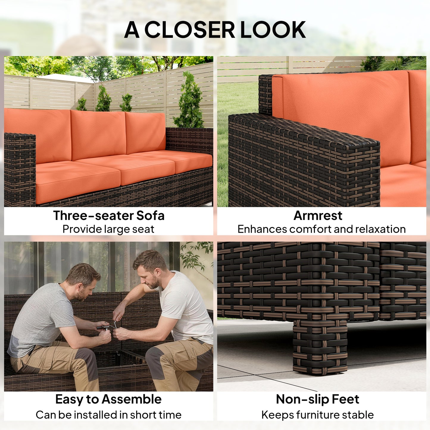3-Seater Weather Resistant Outdoor Garden Rattan Sofa Orange