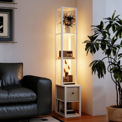 Floor Lamp with Shelves, LED Column Modern Standing Lamp with Fabric Drawer, Adjustable Brightness