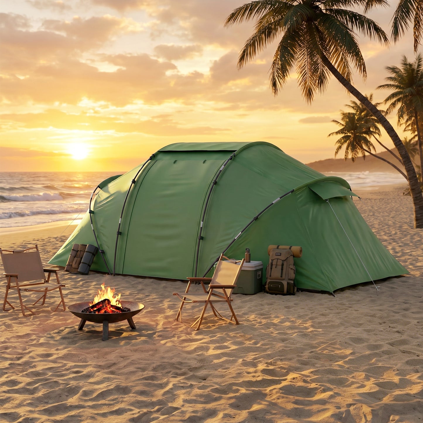 4 Man Camping Tent, UV Protection Tunnel Tent with 2 Bedrooms and Living Area, Large Hiking Sun Shelter, 430 x 240 x 170 cm