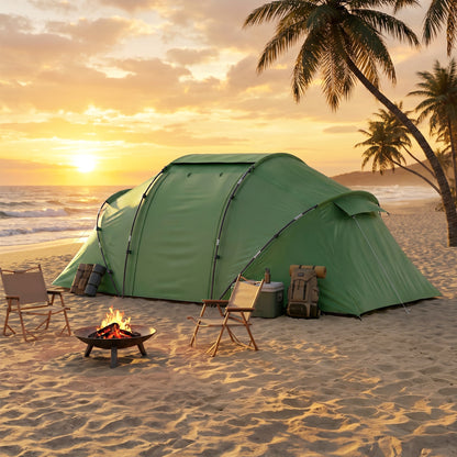 4 Man Camping Tent, UV Protection Tunnel Tent with 2 Bedrooms and Living Area, Large Hiking Sun Shelter, 430 x 240 x 170 cm