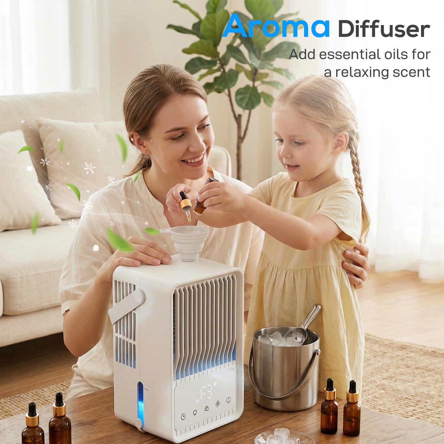 Portable Air Conditioner, 4-in-1 Mini Air Cooler with 3 Wind Speed, 2 Mist Mode, 7 Colour RGB Light, White