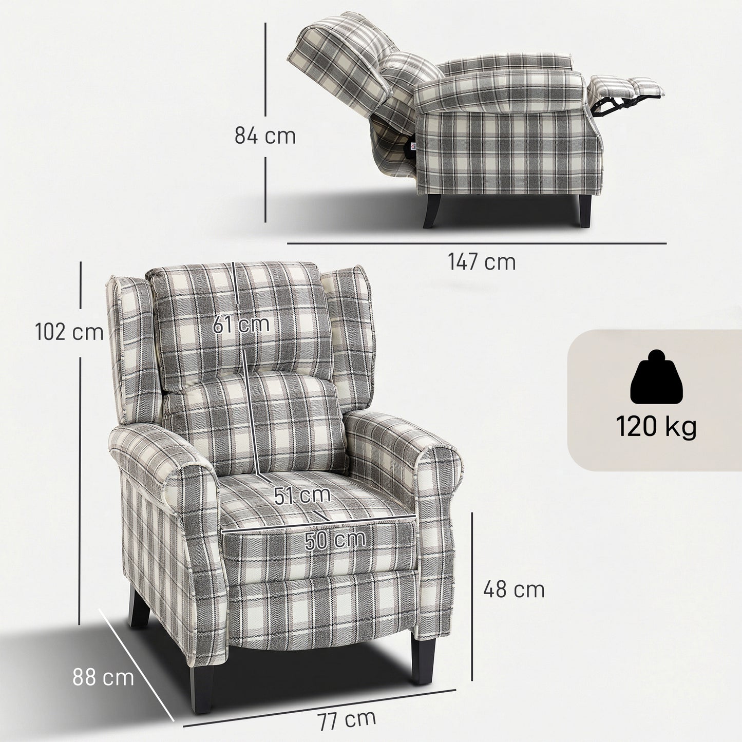 160° Reclining Armchair, with Footrest - Grey and White