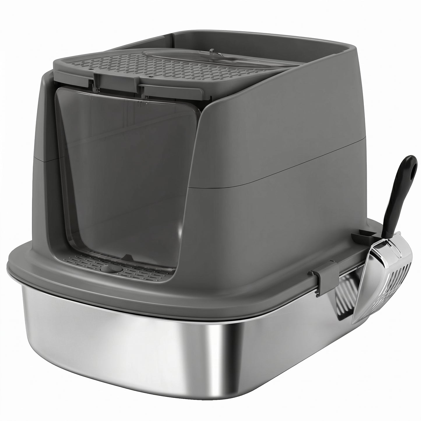 Large Stainless Steel Litter Box, Enclosed Metal Cat Litter Tray with Scoop, Deodoriser Bag, Front-Entry and Top-Exit