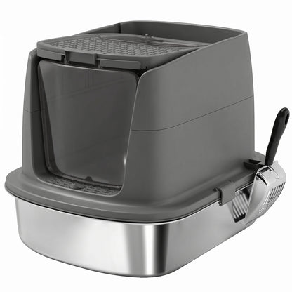 Large Stainless Steel Litter Box, Enclosed Metal Cat Litter Tray with Scoop, Deodoriser Bag, Front-Entry and Top-Exit