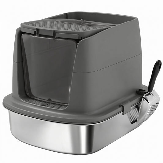 Large Stainless Steel Litter Box, Enclosed Metal Cat Litter Tray with Scoop, Deodoriser Bag, Front-Entry and Top-Exit