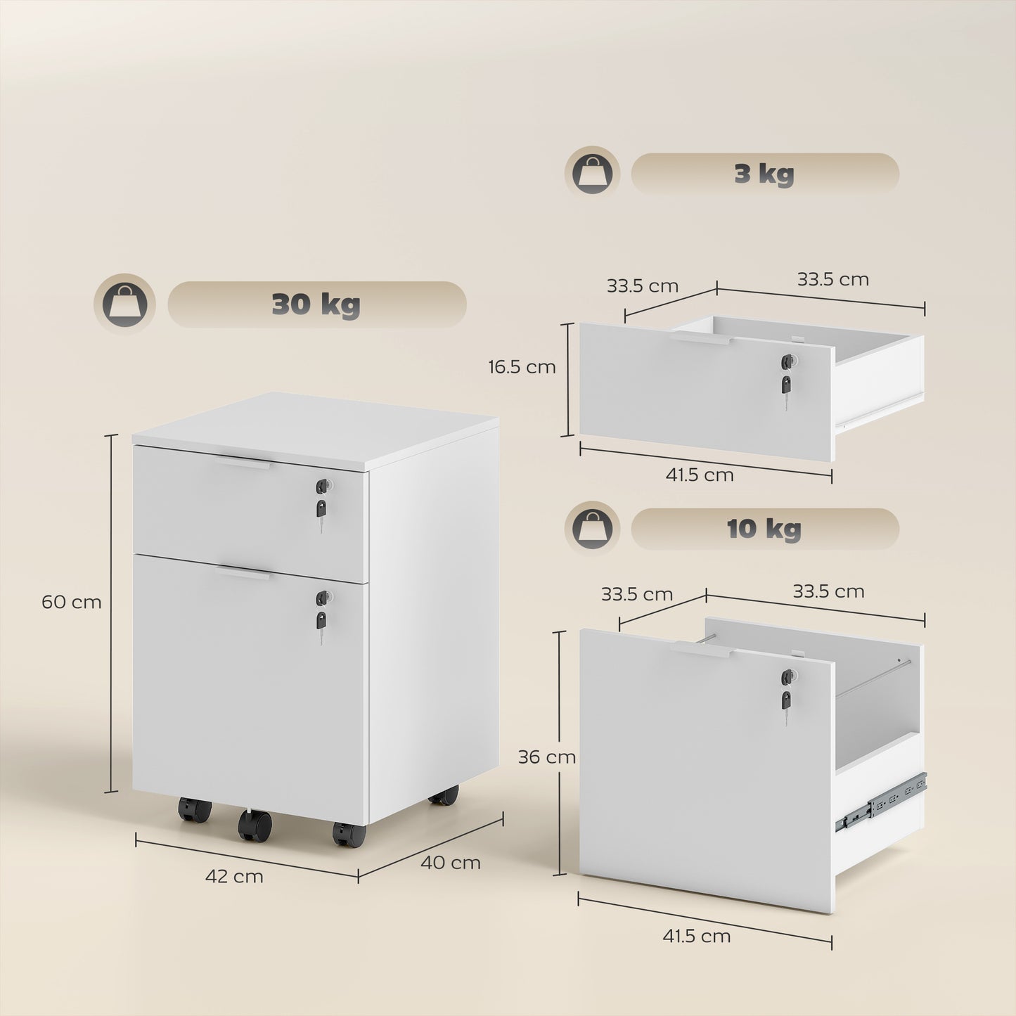 Two-Drawer Lockable Filing Cabinet - White