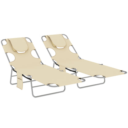 5-Position Adjustable Sun Loungers Set of 2 with Reading Hole and Side Pocket, Beige