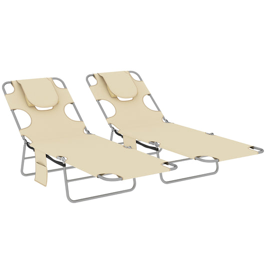 5-Position Adjustable Sun Loungers Set of 2 with Reading Hole and Side Pocket, Beige