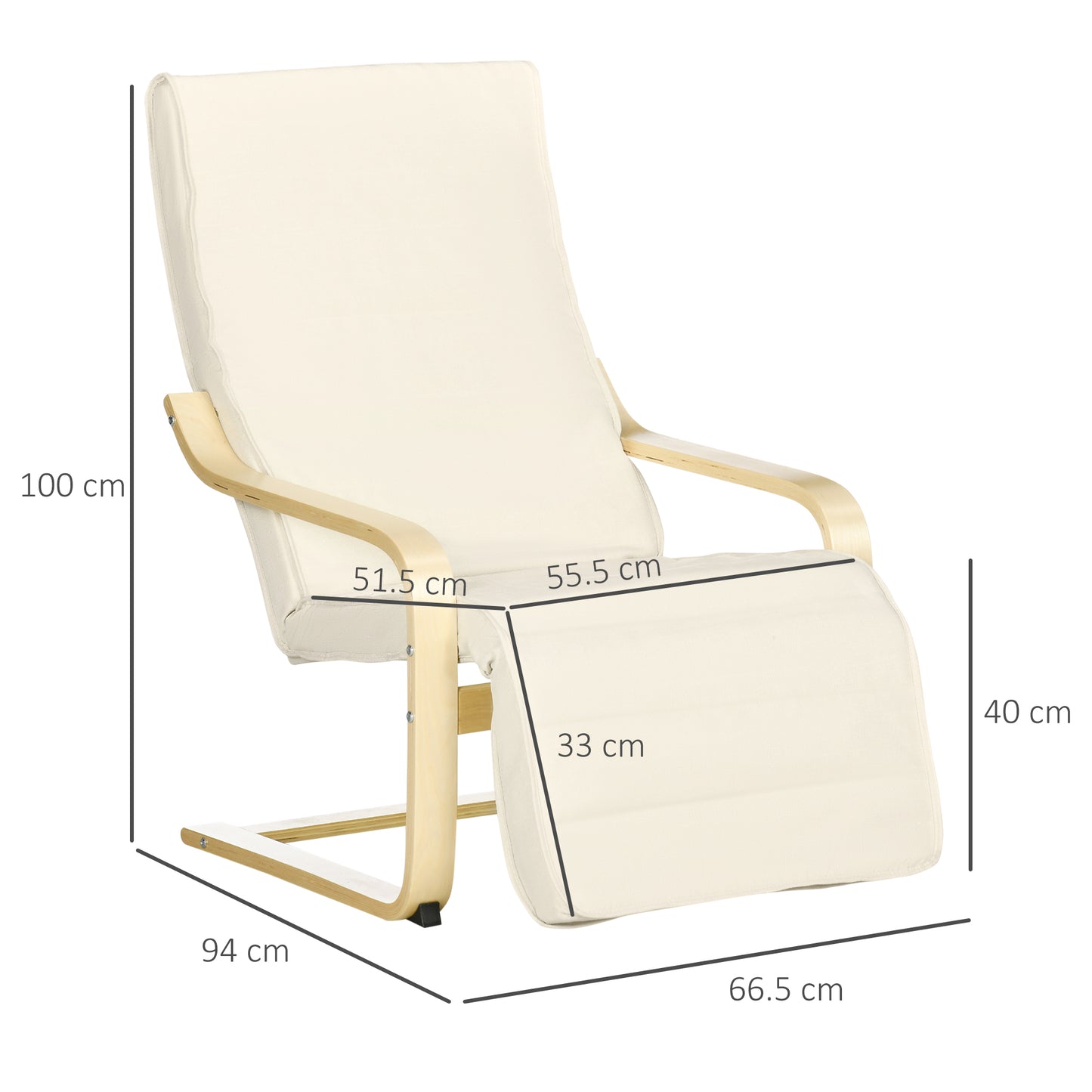 Wooden Armchair, Upholstered Linen Lounge Chair with Adjustable Footrest & Removable Cushion, Poang Chair for Living Room
