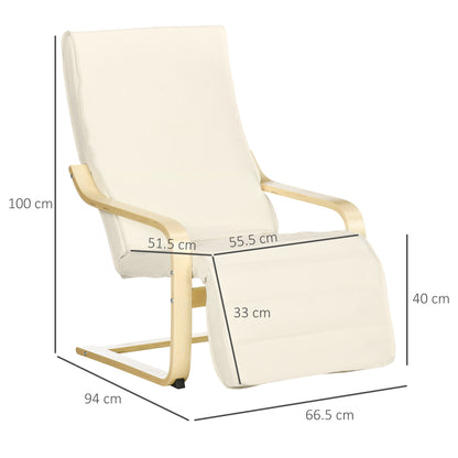 Wooden Armchair, Upholstered Linen Lounge Chair with Adjustable Footrest & Removable Cushion, Poang Chair for Living Room