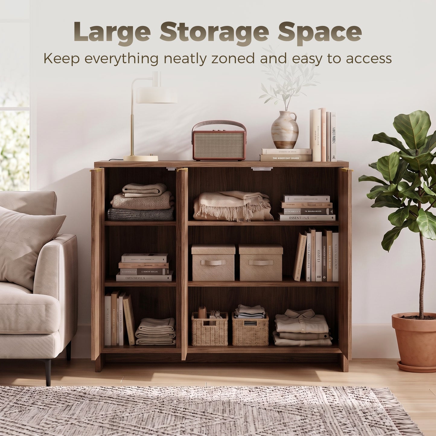 Sideboard Cabinet, Modern Storage Cabinet with 3 Doors and Adjustable Shelves for Living Room, Dining Room, Brown