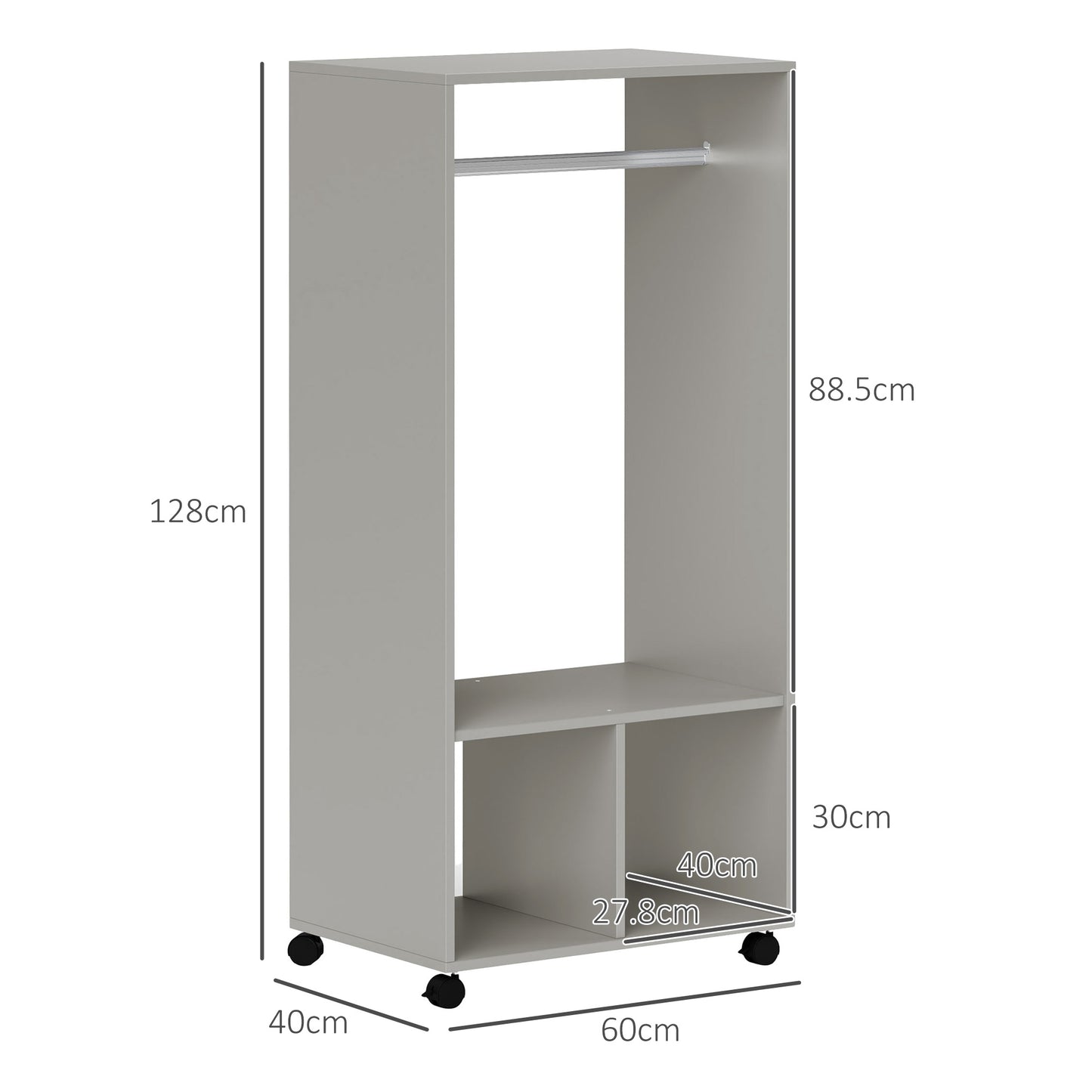Open Wardrobe on Wheels, Bedroom Wardrobe with Clothes Hanging Rail, 2 Storage Shelves, Mobile Garment Rack for Cloakroom