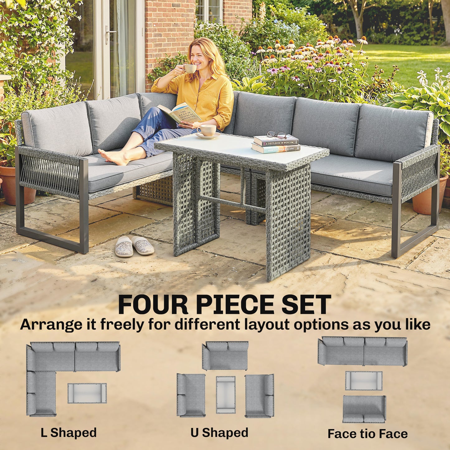 6 Seater Rattan Garden Furniture Set with 3 Loveseats, Table, Patio Rattan Corner Sofa Set, Grey
