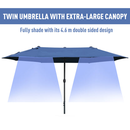 4.6M Sun Umbrella Canopy Double-sided Crank Sun Shade w/ Cross Base Dark Blue