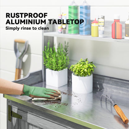 Wooden Potting Bench Table with Aluminium Worktop, Outdoor Garden Workbench with Top Shelf and Cabinet Storage