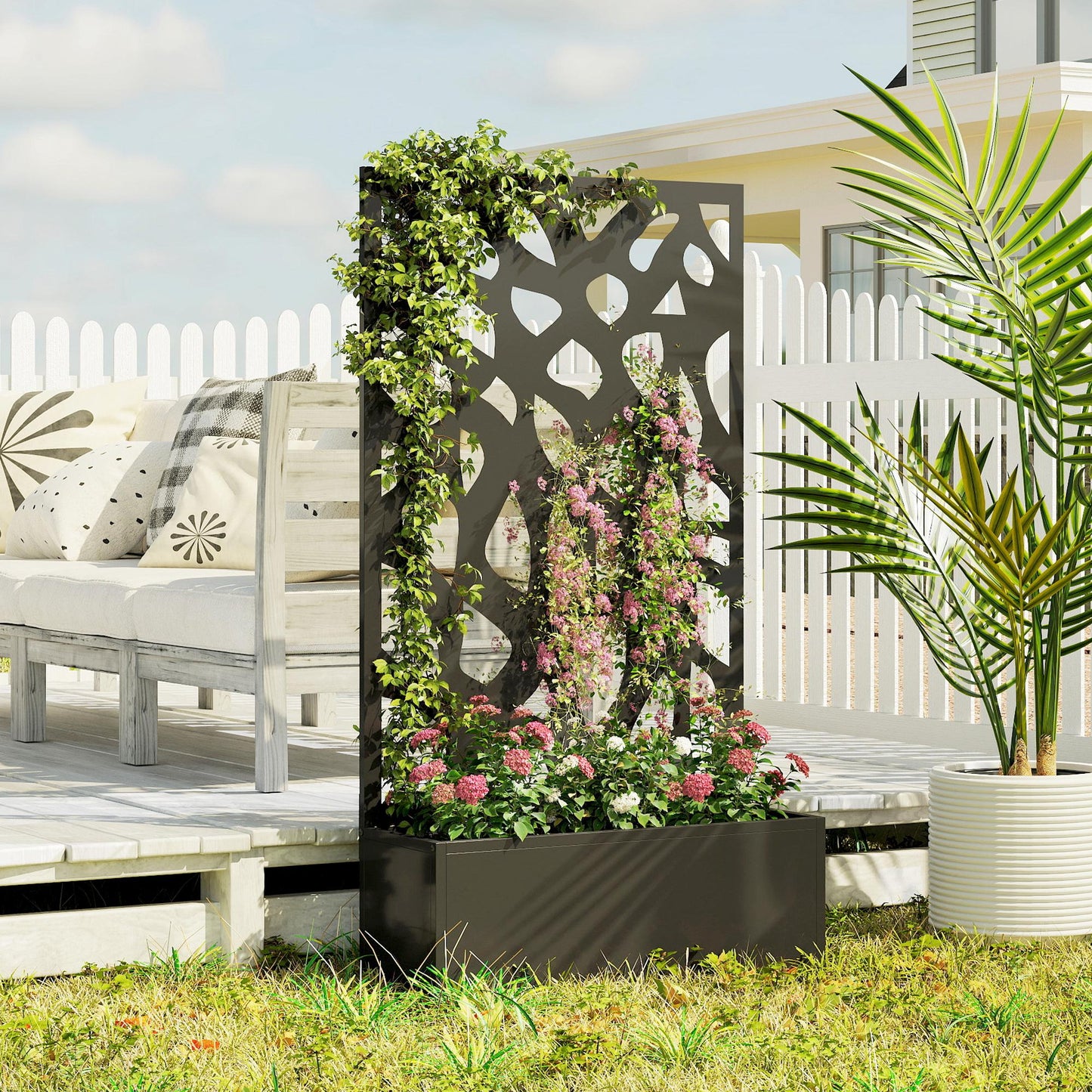 Metal Raised Garden Bed with Trellis, Outdoor Planter Box with Privacy Screen, Elevated Garden Box for Climbing Plants