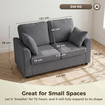 2 Seater Sofa, Corduroy Small Couch with Spring Cushion, Wide and Deep Seat, Dark Grey