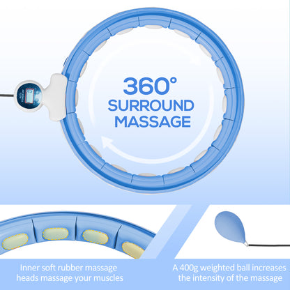 Smart Weighted Hula Hoop, Massage Hula Ring w/ 16 Detachable Knots, 360° Auto-Rotating Ball, Digital Counter Light Blue