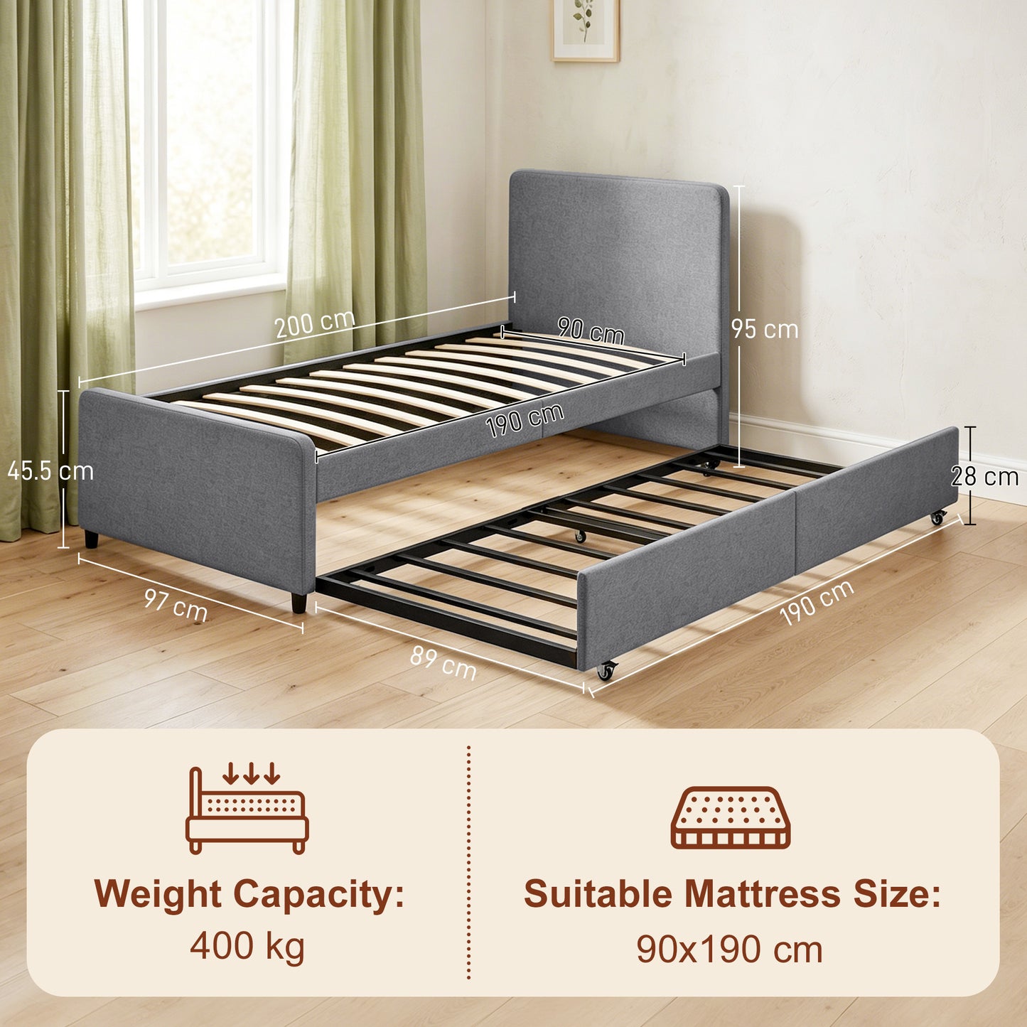 3ft Single Bed Frame with Trundle, Upholstered Pull Out Trundle Bed with Headboard and Footboard, Dark Grey