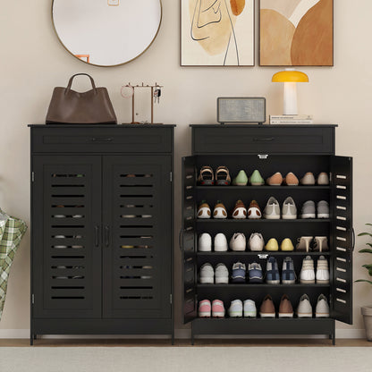 Shoe Cabinet with Louvered Doors, Modern Shoe Storage Cabinet with Drawer and Adjustable Shelves, Black