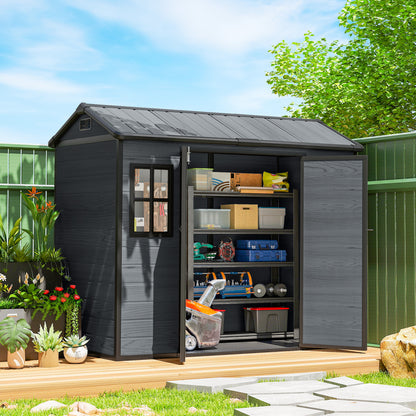 8 x 4 ft Resin Garden Shed, Wood-Effect Outdoor Storage Shed with Floor, Windows, Lockable Doors and Vents, Dark Grey