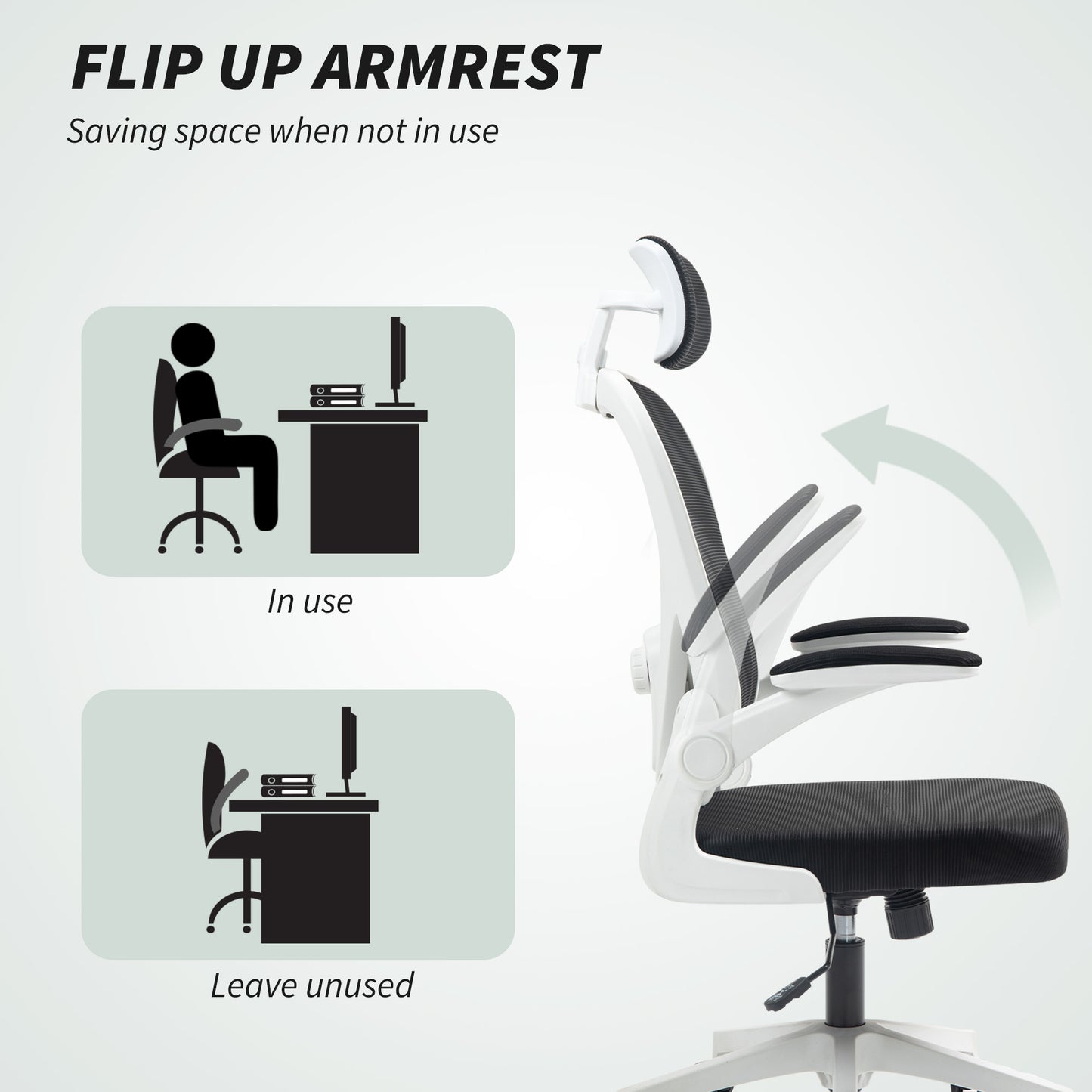 Executive Office Chair, Ergonomic Mesh High Back Desk Chair with Flip-up Armrest, Rotatable Headrest