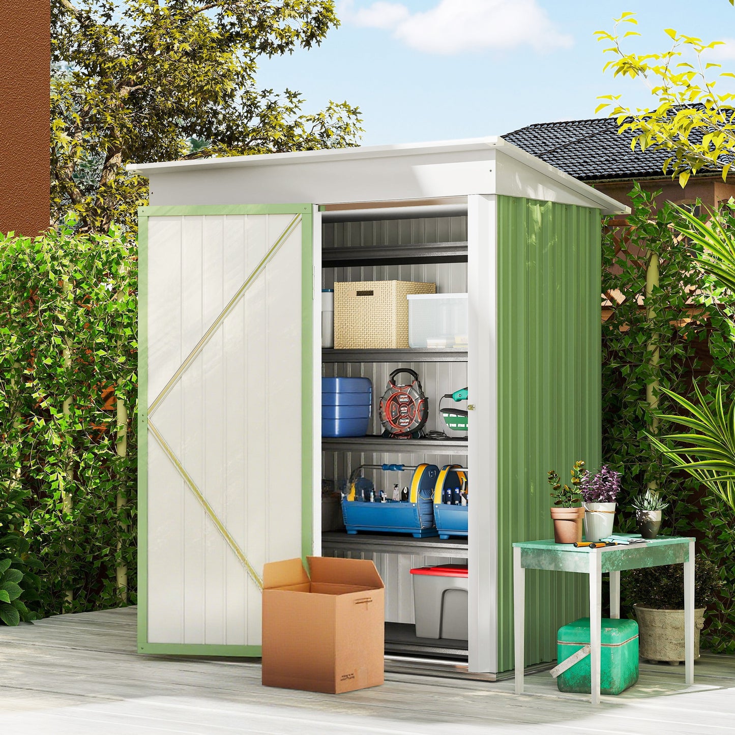 Metal Garden Shed, Outdoor Lean-to Shed for Tool Motor Bike, with Adjustable Shelf, Lock, Gloves, 5'x3'x6', Green