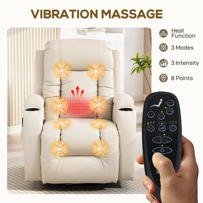 PU Leather Recliner Chair, Recliner Armchair with Extended Footrest, Cup Holders and Side Pockets, Cream