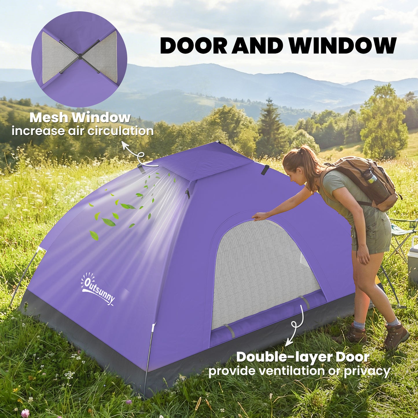 2 Person Camping Tent, Dome Tent with Zipped Doors, Storage Pocket, Portable Handy Bag, Light Purple