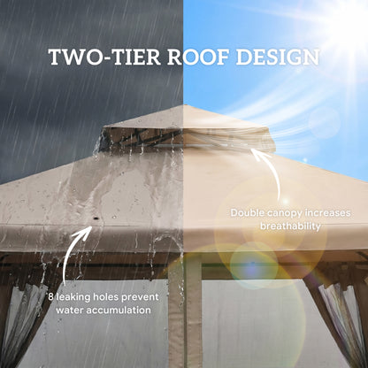 Outdoor Gazebo, 2-tier Roof with Netting for Garden Patio, 295L x 295W x 263Hcm, Taupe