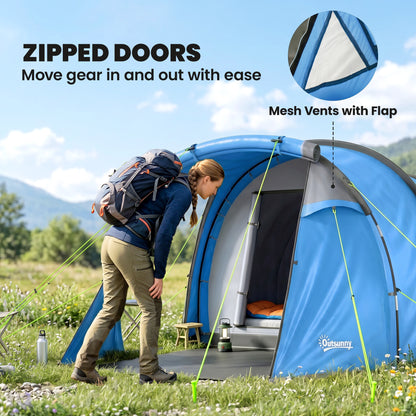 2 Man Tunnel Tent with Sewn-in Groundsheet, Air Vents, Rainfly, 2000mm Large Camping Tent with Bedroom, Porch