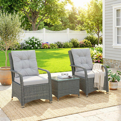 3 Pieces Rattan Bistro Set, Wicker Garden Furniture Set with Metal Frame, Cover, Glass Top Coffee Table, Light Grey