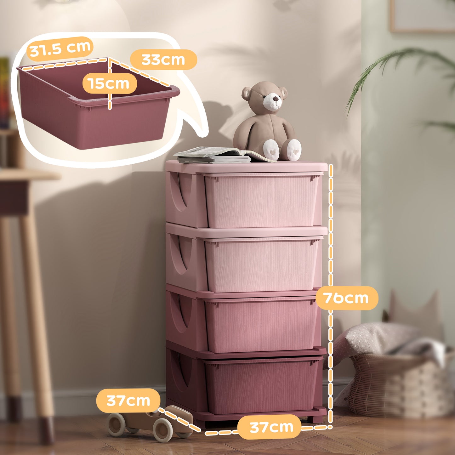 Four-Tier Kids Storage Boxes, with Four Drawers, Pink