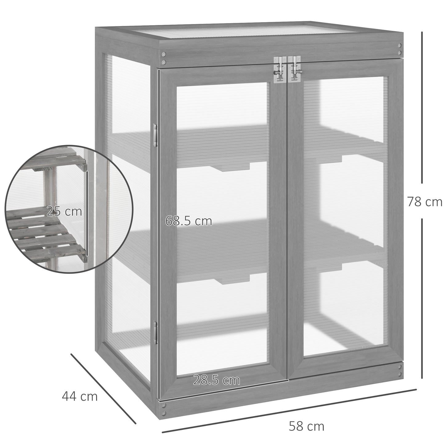 3-tier Wood Greenhouse Garden Polycarbonate Cold Frame Grow House w/ Storage Shelf, Dark Grey