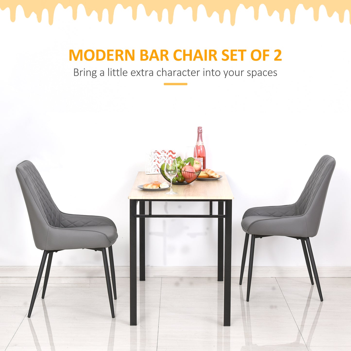 Set Of 2 Quilted PU Leather Dining Chairs with Metal Frame 4 Legs Foot Caps Home Seating Modern Stylish Executive Grey