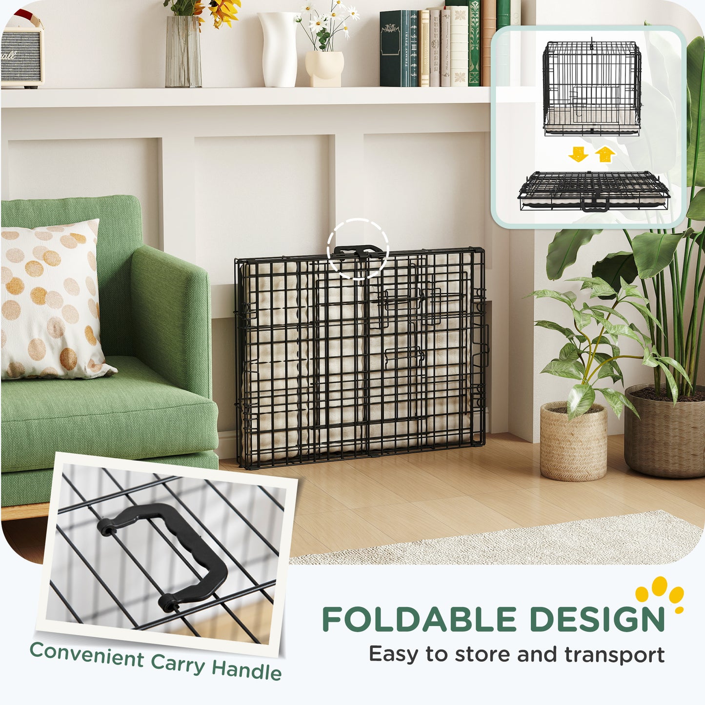 Foldable Dog Crate with Two Doors with Tray, Soft Cushion, for Extra Small Dogs, 60 x 45 x 50, Black