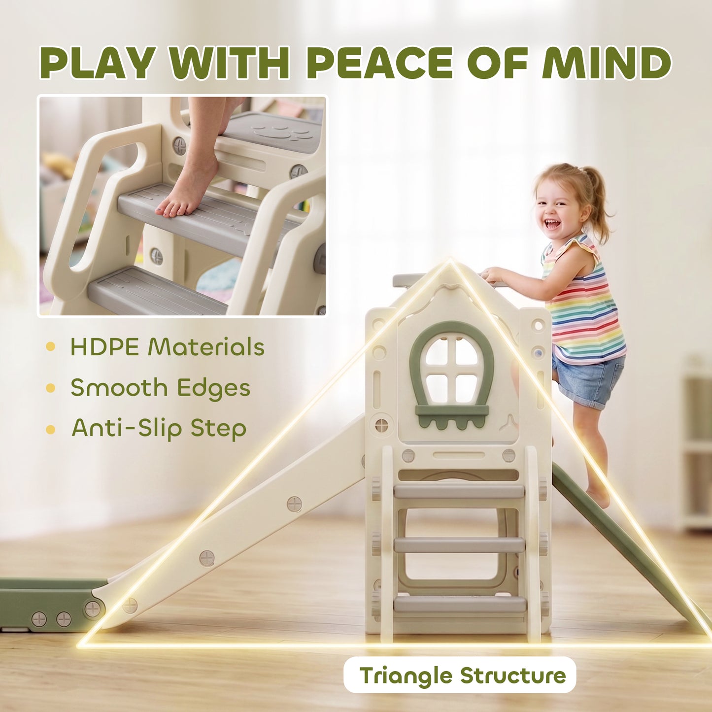 Foldable 5 in 1 Toddler Slide with Ladder, Climbing Wall, Basketball Hoop, Storage and Basketball for 1-3 Years, Cream