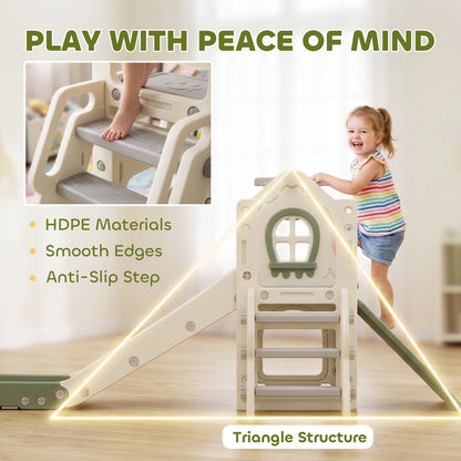 Foldable 5 in 1 Toddler Slide with Ladder, Climbing Wall, Basketball Hoop, Storage and Basketball for 1-3 Years, Cream