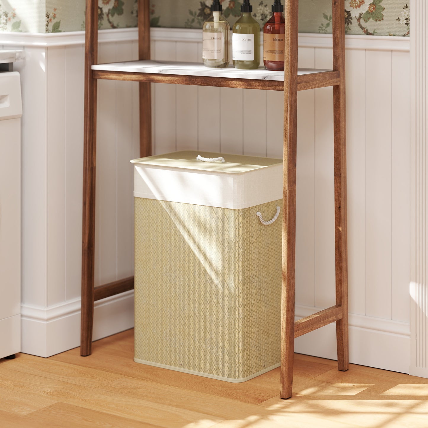 Bamboo Laundry Basket with Lid, 72L Laundry Hamper with Rope Handles